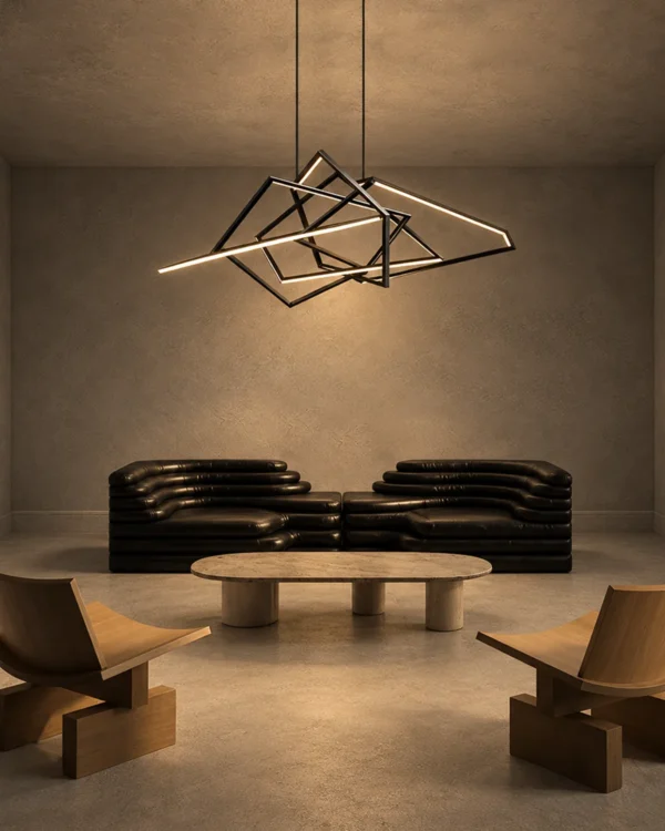 Ailish black geometric LED chandelier in a contemporary living room