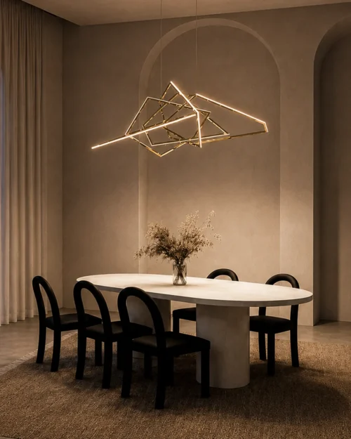 Ailish Gold Geometric LED Chandelier Dining Room Ailish gold geometric LED chandelier above a contemporary dining table