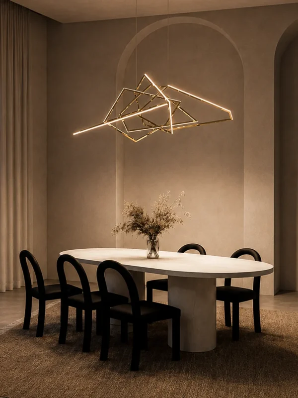 Ailish gold geometric LED chandelier above a contemporary dining table
