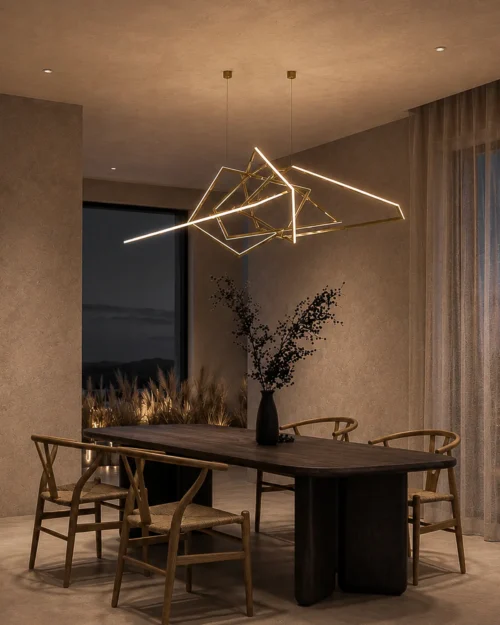 Ailish Gold LED Chandelier Modern Dining Interior Ailish gold geometric LED chandelier illuminating a modern dining interior
