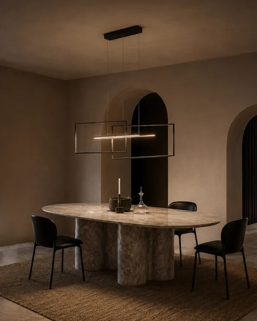 Alethea matte black geometric chandelier above a contemporary dining table