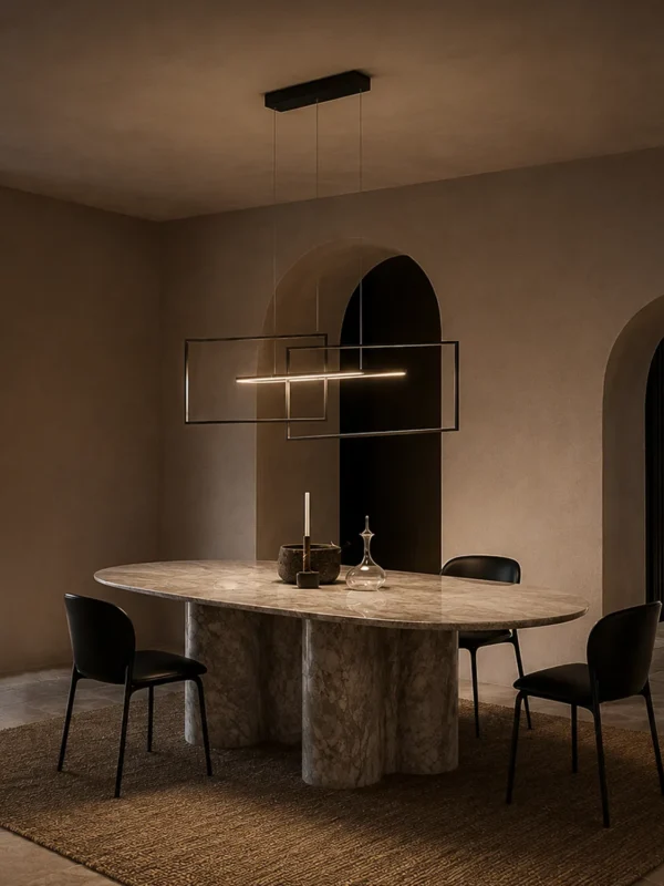 Alethea matte black geometric chandelier above a contemporary dining table