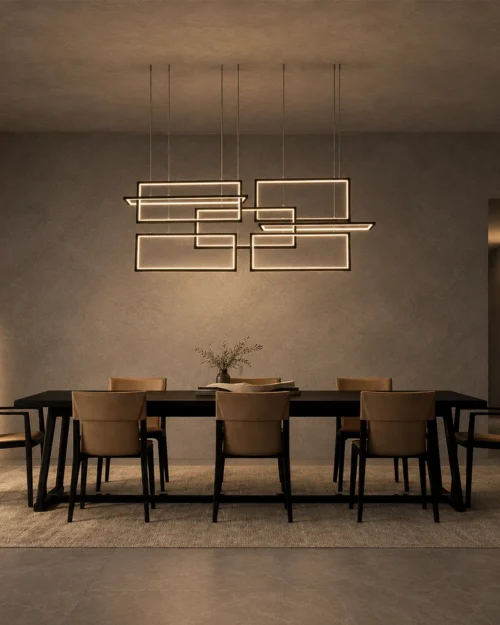 Alethea geometric LED chandelier above a contemporary dining table