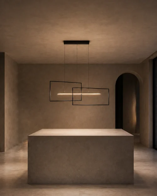 Alethea geometric LED chandelier illuminating a modern interior