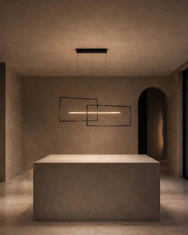 Alethea geometric LED chandelier illuminating a modern interior