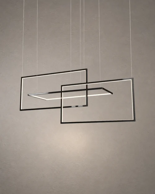Alethea matte black geometric LED chandelier with layered rectangular frames