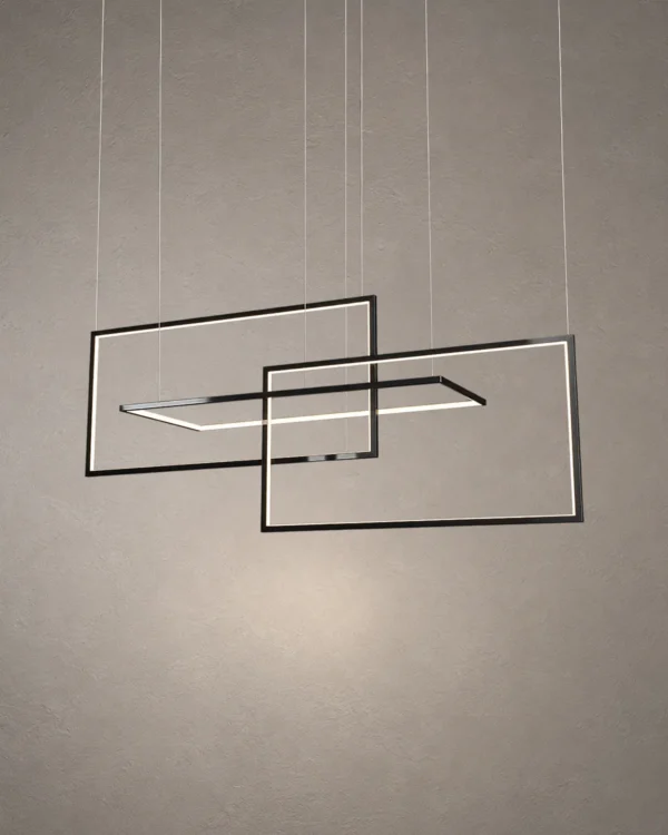 Alethea matte black geometric LED chandelier with layered rectangular frames
