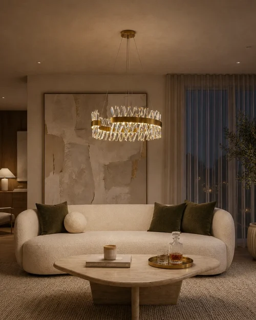 Alodia brass gold crystal chandelier in a modern living room interior