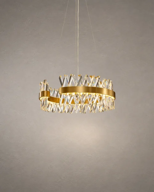 Alodia brass gold crystal LED chandelier with circular ring design