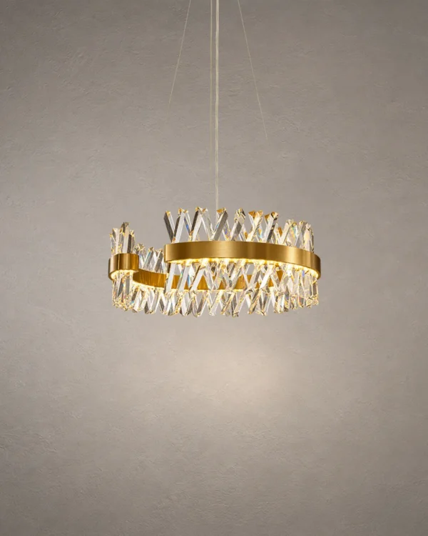 Alodia brass gold crystal LED chandelier with circular ring design