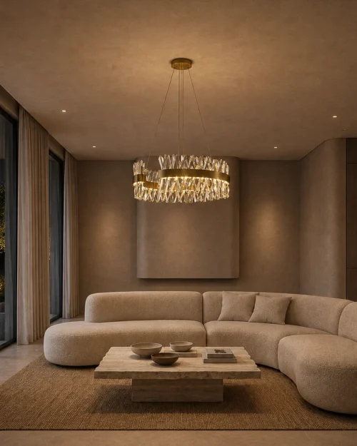 Alodia brass gold crystal LED chandelier illuminating a contemporary living room