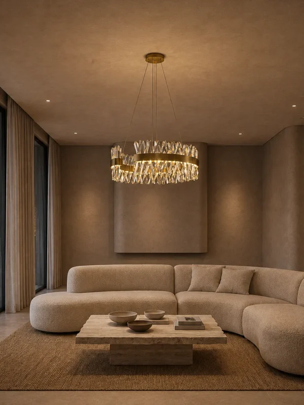 Alodia brass gold crystal LED chandelier illuminating a contemporary living room