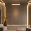 Athos modern LED chandelier with flowing leather suspension in a contemporary living interior
