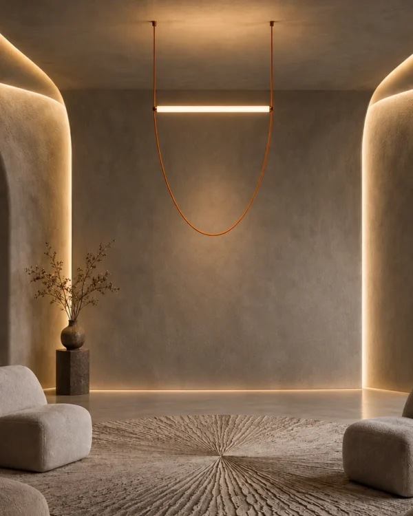Athos modern LED chandelier with flowing leather suspension in a contemporary living interior