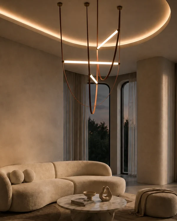 Athos sculptural LED chandelier creating a statement above a modern living room