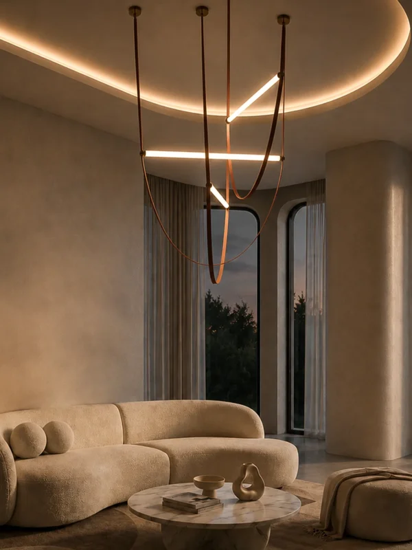 Athos sculptural LED chandelier creating a statement above a modern living room