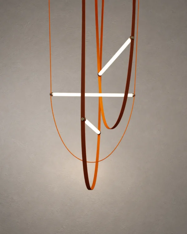 Athos sculptural LED chandelier with orange leather and white acrylic light elements