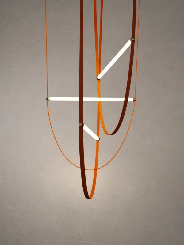 Athos sculptural LED chandelier with orange leather and white acrylic light elements