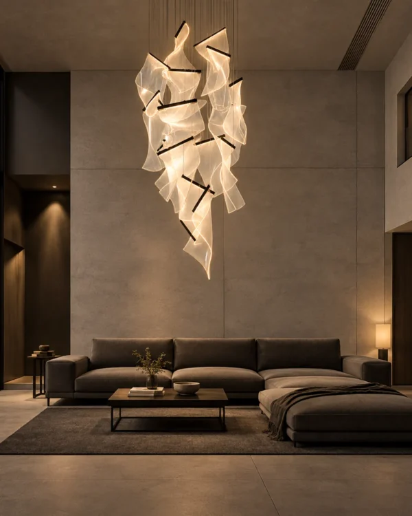 Auretta black sculptural LED chandelier in a contemporary living room