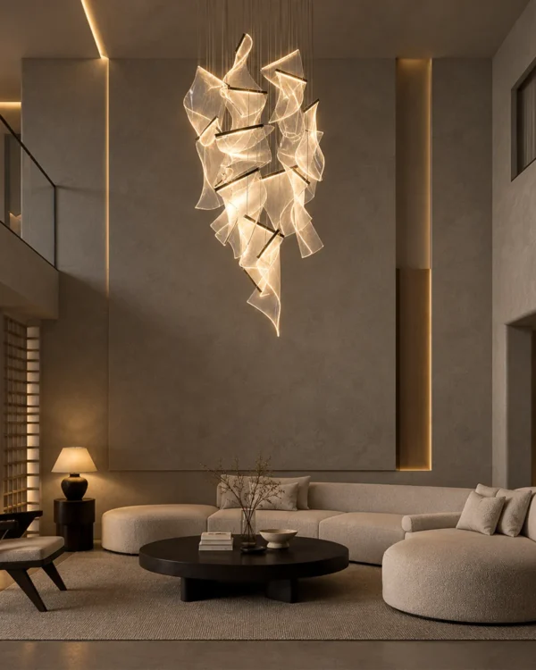 Auretta chrome sculptural LED chandelier illuminating a modern living room