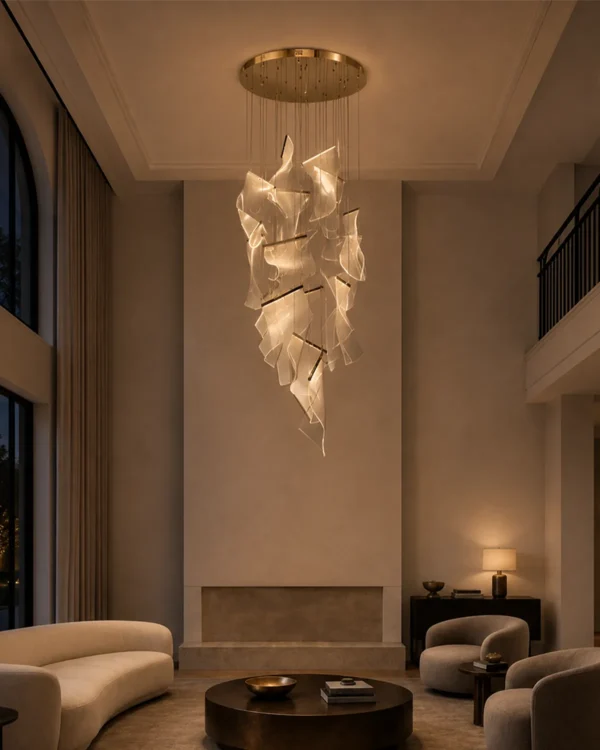 Auretta gold cascading LED chandelier in a contemporary high-ceiling living room