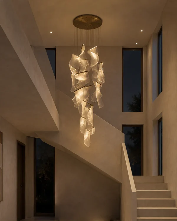 Auretta gold sculptural LED chandelier illuminating a modern stairwell
