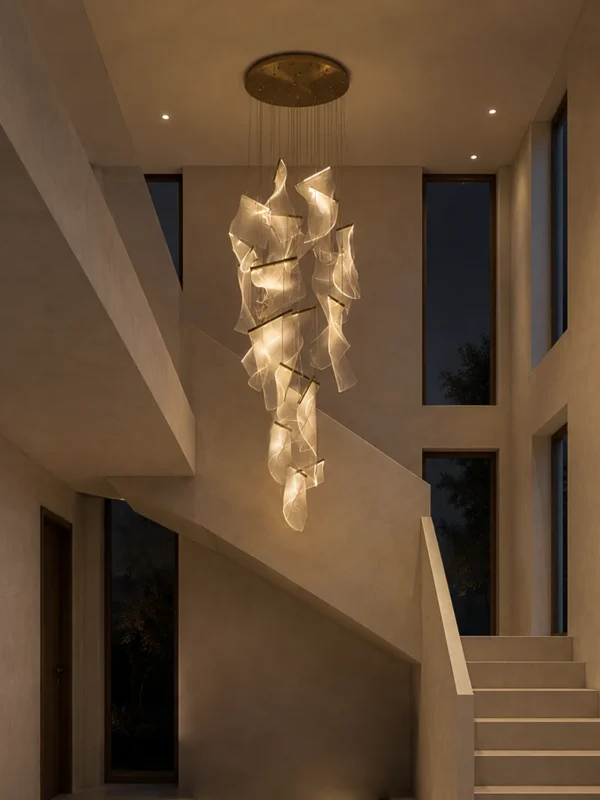 Auretta gold sculptural LED chandelier illuminating a modern stairwell