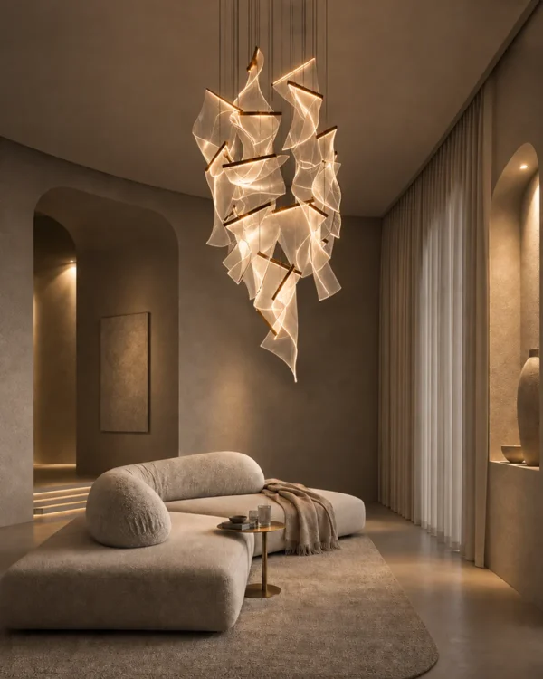 Auretta rose gold sculptural LED chandelier in a contemporary interior