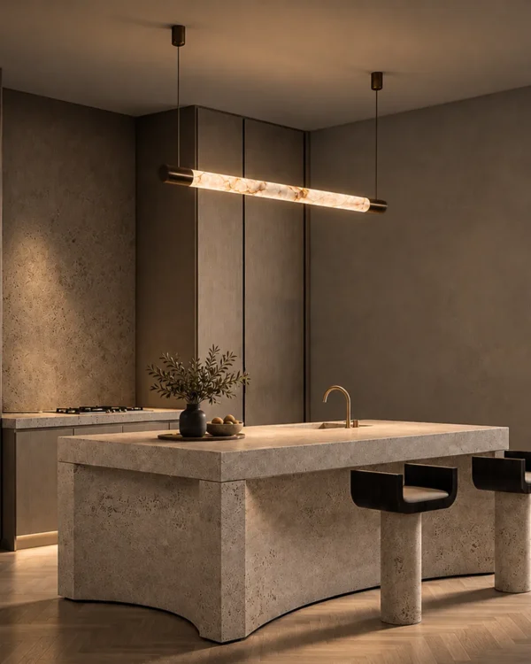 Bahari Bronze Gold linear chandelier illuminating a modern kitchen island
