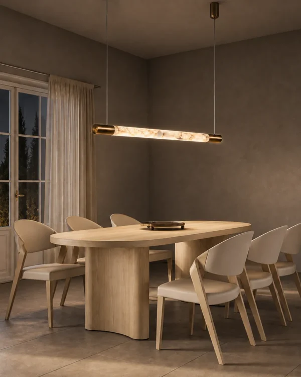 Bahari Bronze Gold linear chandelier above a contemporary dining table