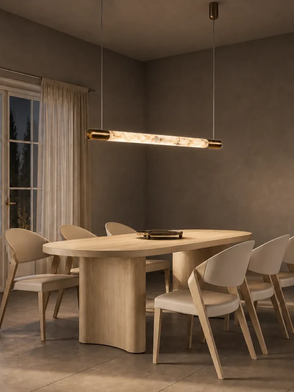 Bahari Bronze Gold linear chandelier above a contemporary dining table