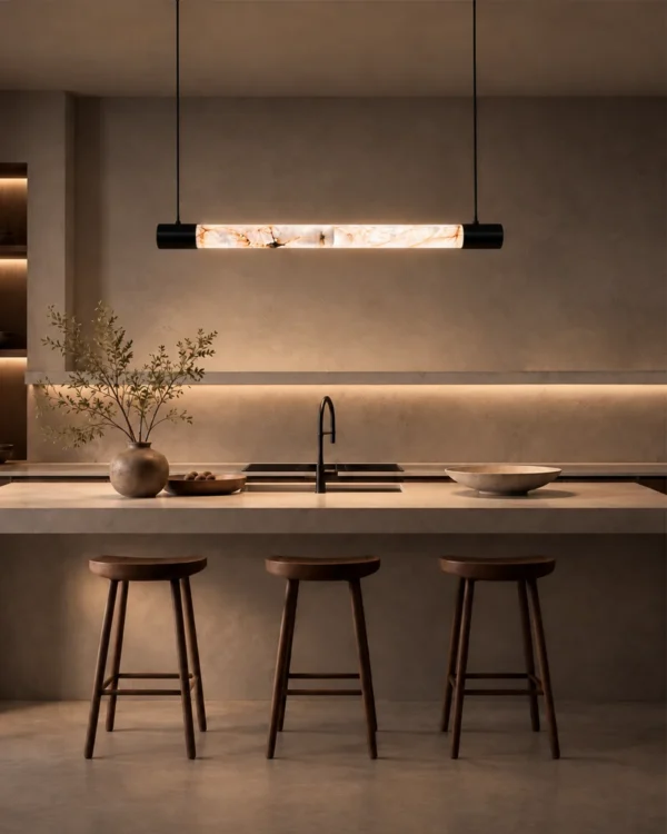 Bahari Gun Black linear chandelier above a contemporary kitchen island