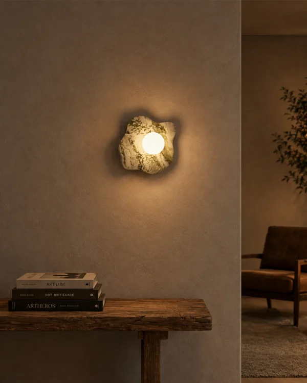 Calissa Irish Green sculptural wall lamp illuminating a modern interior