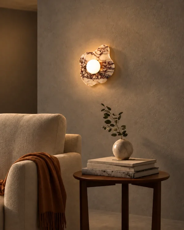 Calissa Turkish Bulgari wall lamp illuminating a contemporary living room
