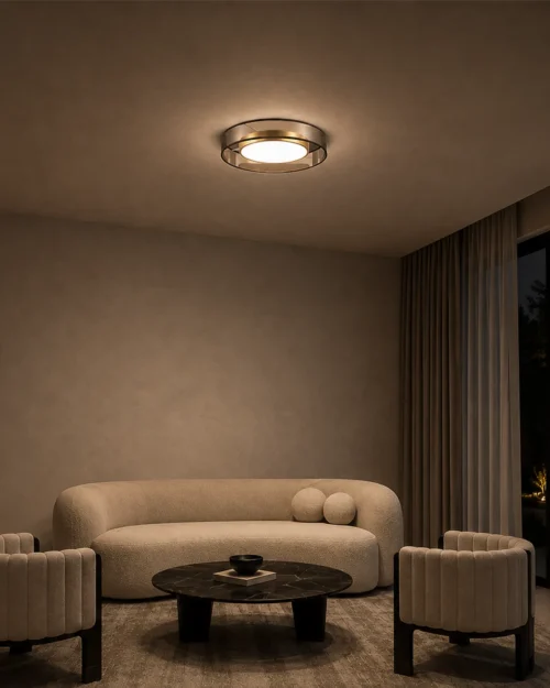 Cara copper LED ceiling lamp in a modern living room interior