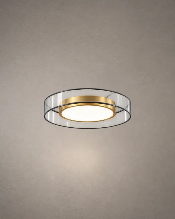 Cara copper LED ceiling lamp with circular metal and glass design