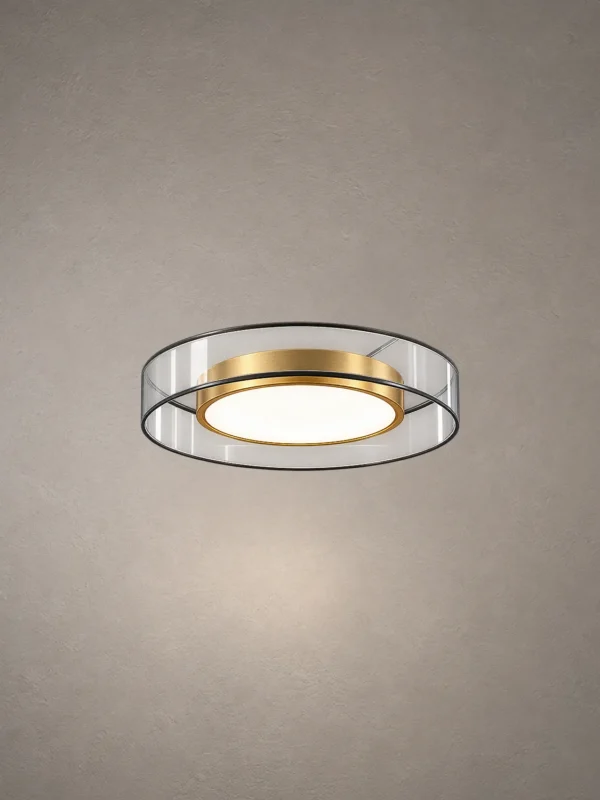 Cara gold LED ceiling lamp with circular metal and glass design