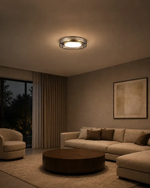 Cara copper LED ceiling lamp illuminating a contemporary living room