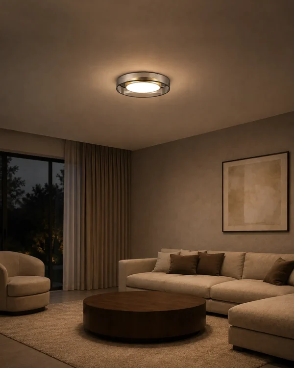 Cara copper LED ceiling lamp illuminating a contemporary living room