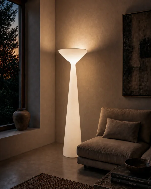 Chalice white floor lamp providing ambient lighting in a modern living room