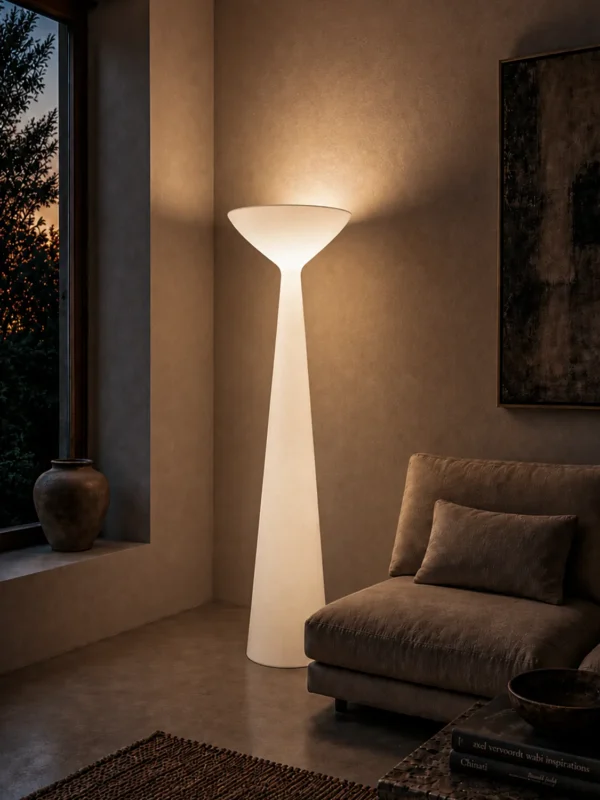 Chalice white floor lamp providing ambient lighting in a modern living room