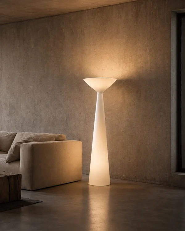 Chalice white sculptural floor lamp illuminating a contemporary interior