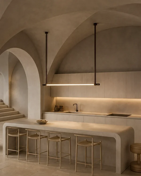 Clio modern linear chandelier above a contemporary kitchen island