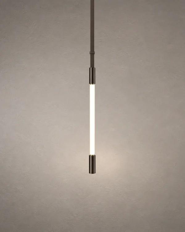 Clio Vertical chandelier with a slim illuminated design in brown and pearl black