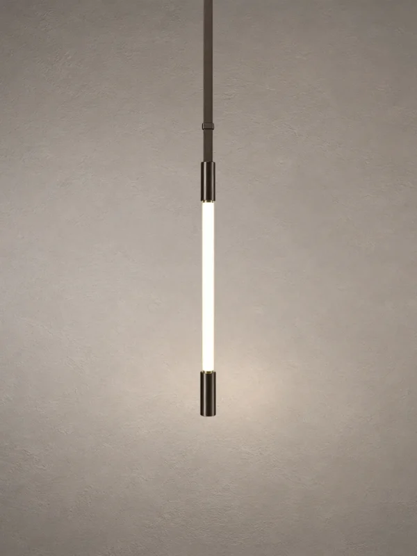 Clio Vertical chandelier with a slim illuminated design in brown and pearl black
