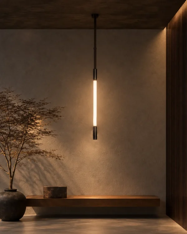 Clio Vertical brown and pearl black chandelier illuminating a contemporary interior