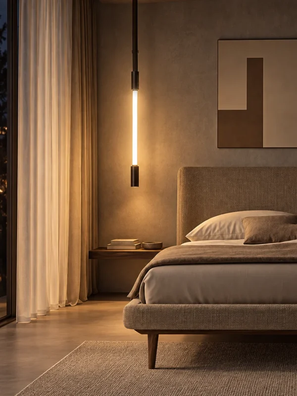 Clio Vertical brown and pearl black chandelier providing warm illumination beside a modern bedroom