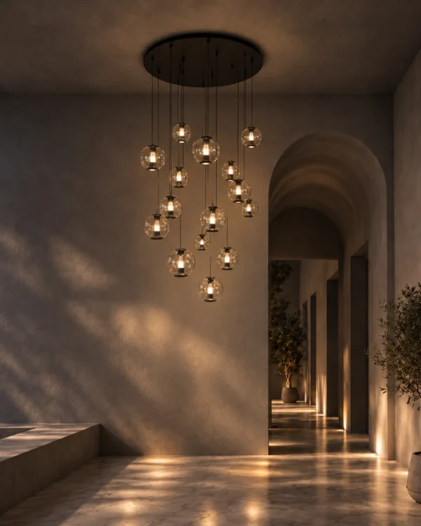 Esadora 15-light coffee and cognac round chandelier illuminating a contemporary hallway