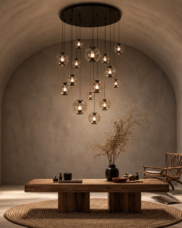 Esadora 15-light coffee and cognac round chandelier in a contemporary interior