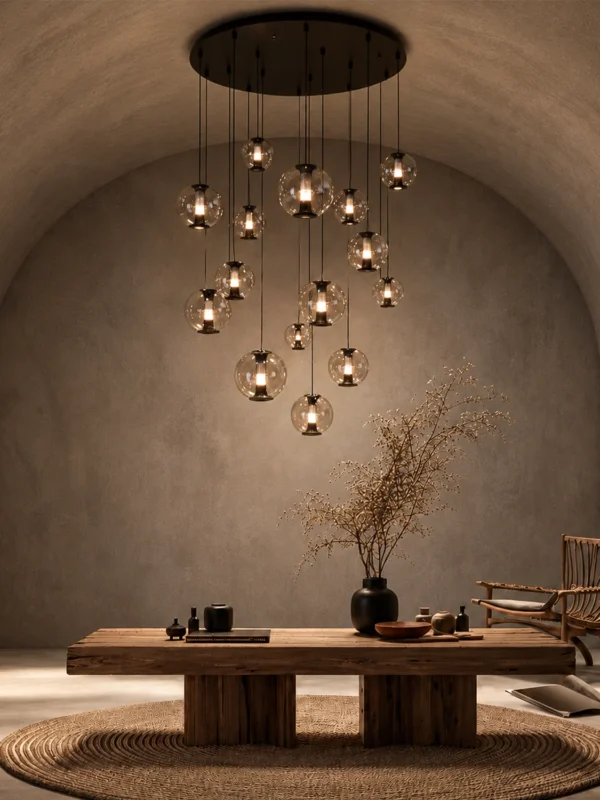 Esadora 15-light coffee and cognac round chandelier in a contemporary interior